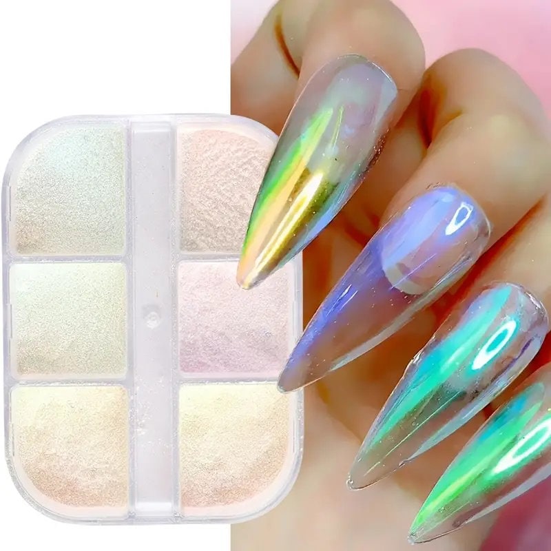 6 Colors Aurora Nail Powder Pigment Chrome Mirror Glitter Holographic